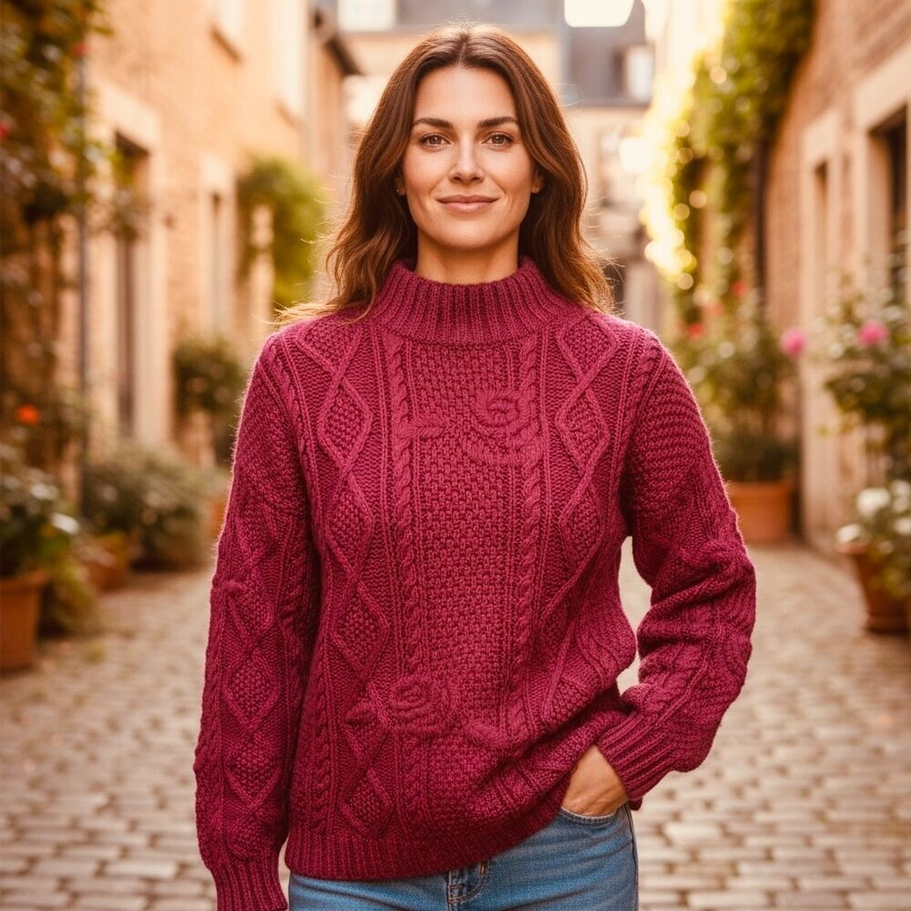 Lydia Jane Ltd‎ Hand-Knit Mock Neck Cable-Knit Roses Sweater Sz L Red #246E